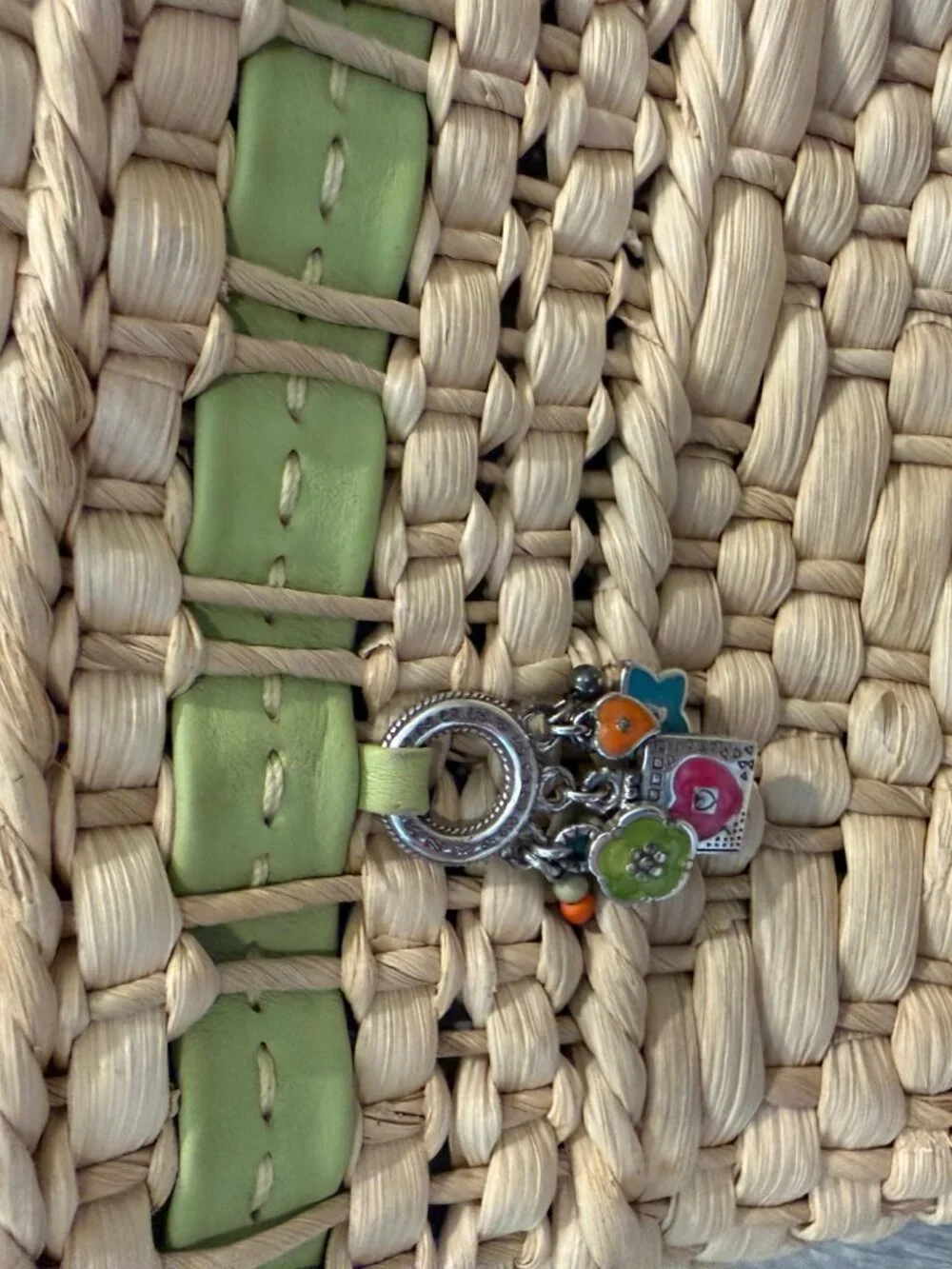Brighton Straw Woven Crossbody Bag with Green Accents and Charms - Picture 2 of 4
